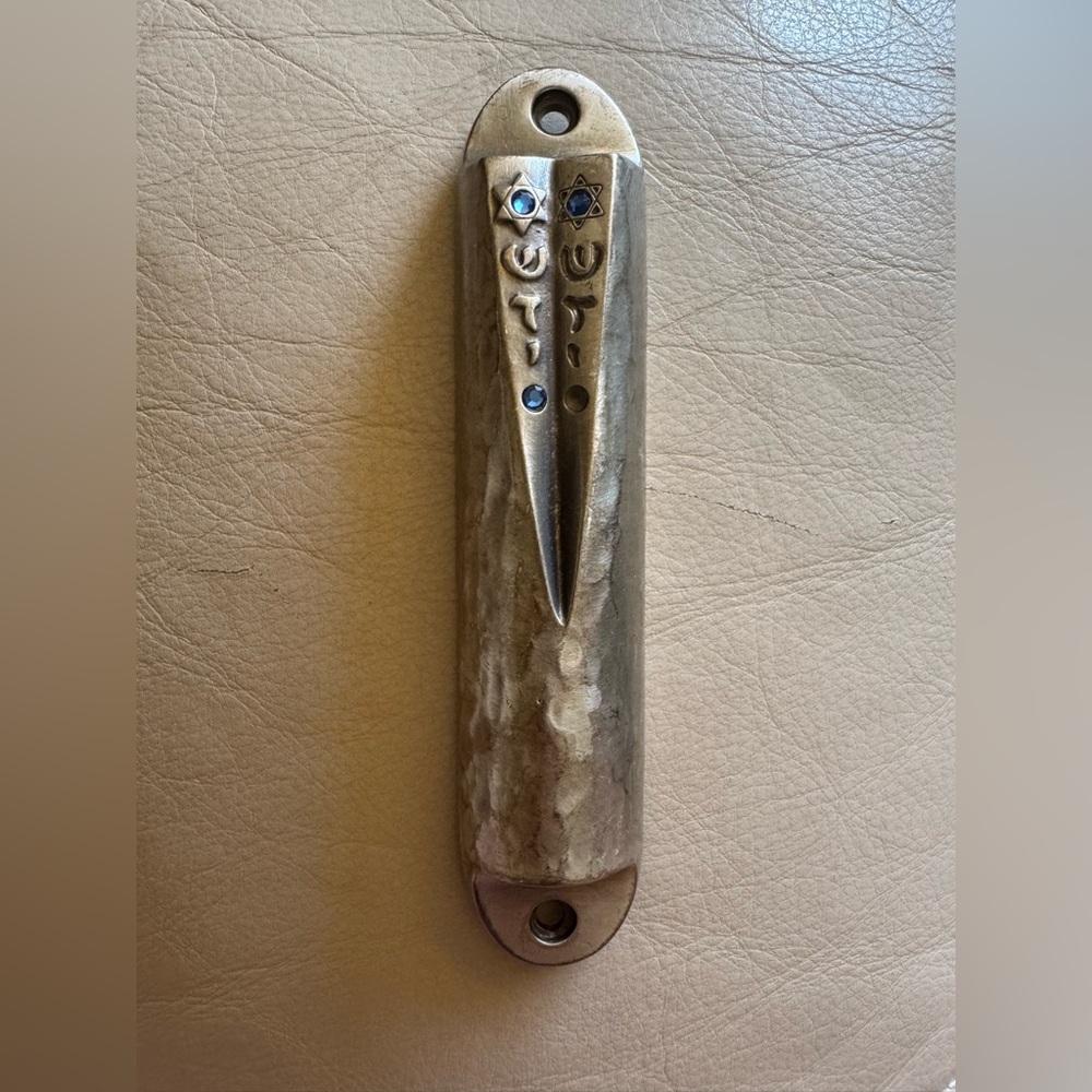 Contemporary Modern Silver Mezuzah with Blue Stones Accents